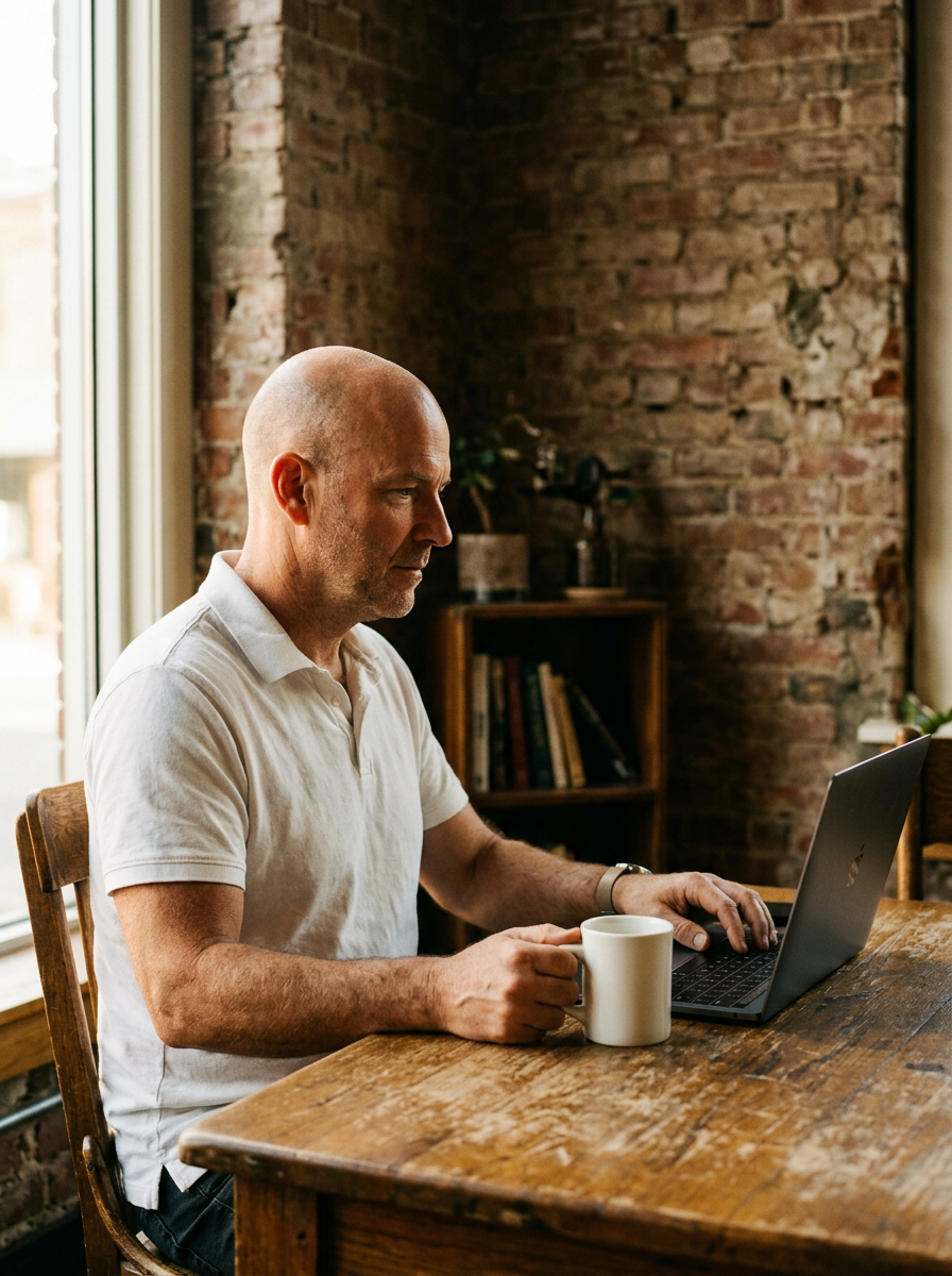 A controller at a wooden desk with a coffee, working at his laptop