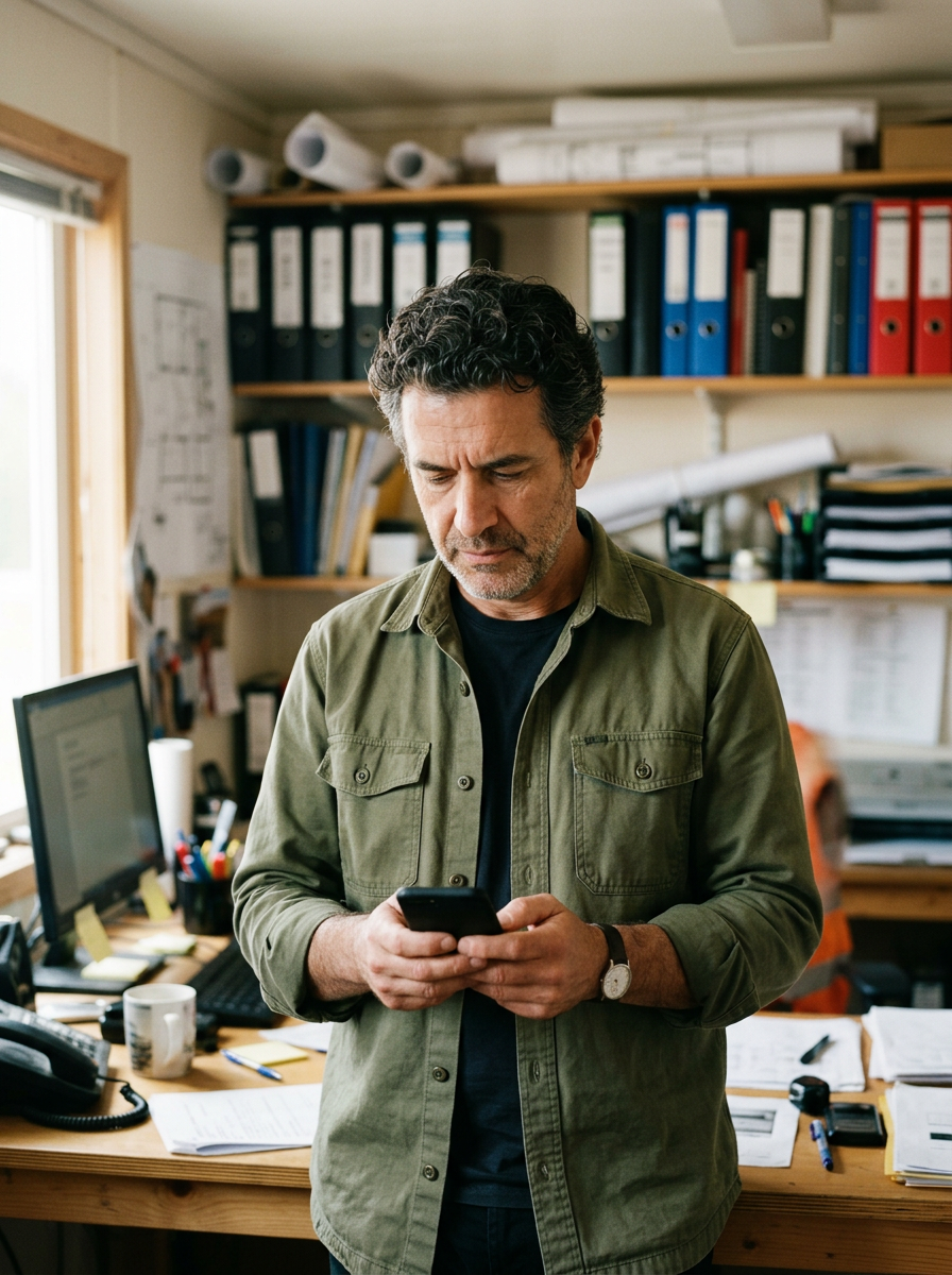 A controller in a site trailer office looking at his phone